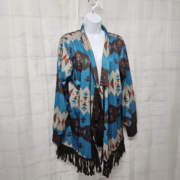 Blue Brown Aztec Kimono Fringed Southwestern Bohemian Cardigan XL - Picture 6 of 12